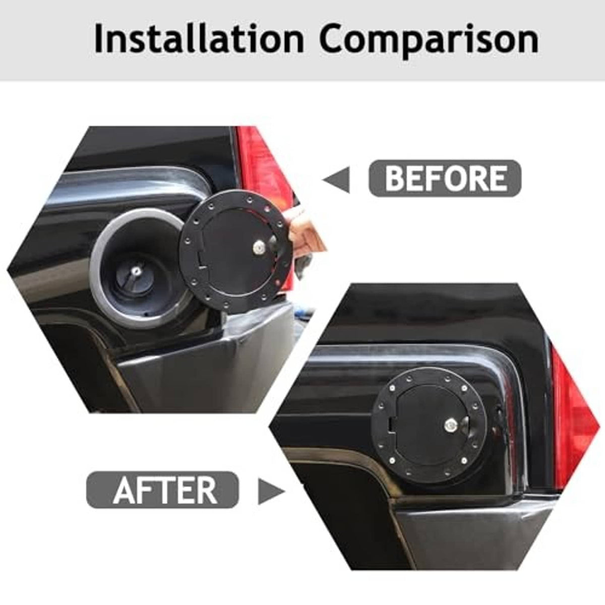 Black locking fuel door cover shown on vehicle, before and after comparison
