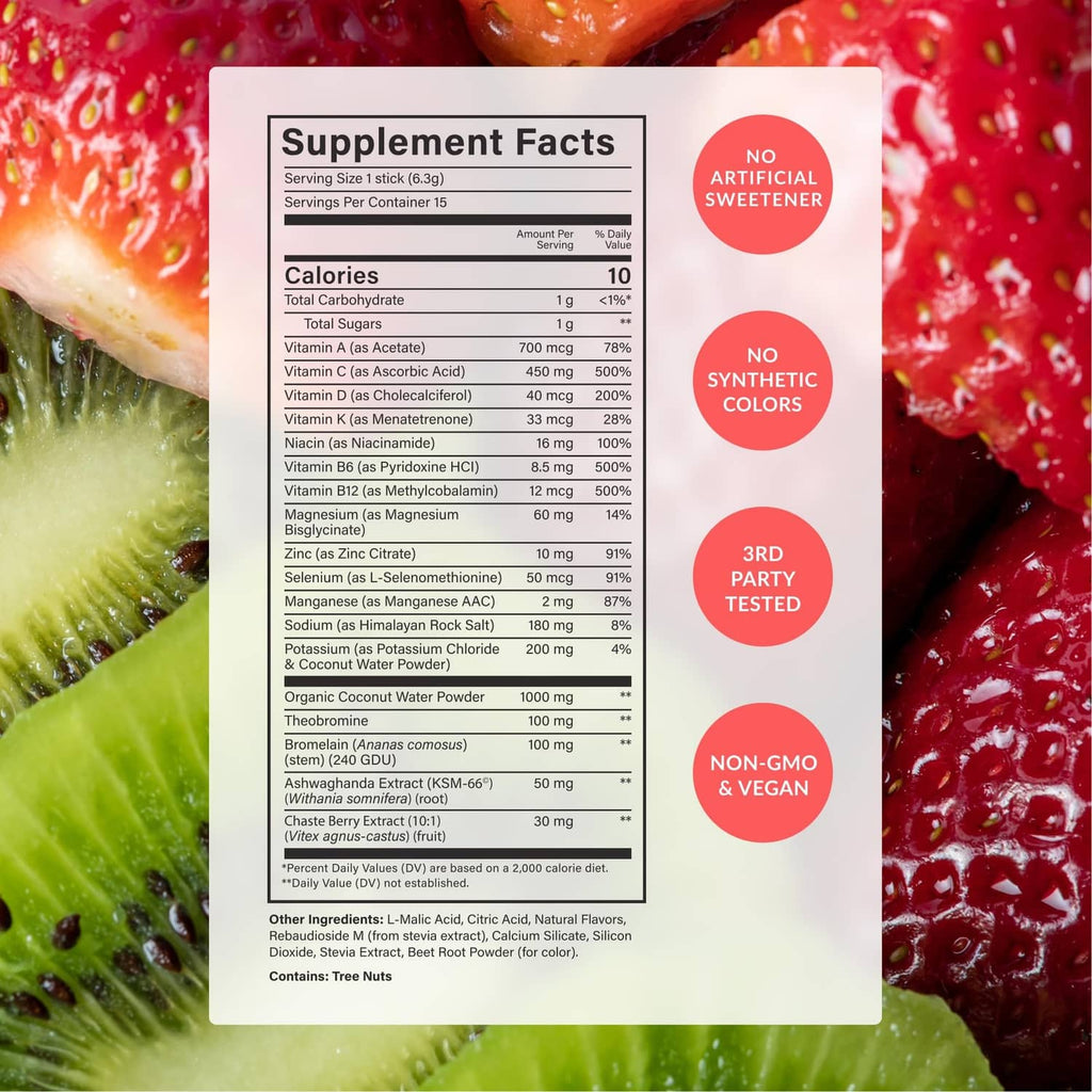 Supplement Facts nutrition label card with no artificial sweeteners badge