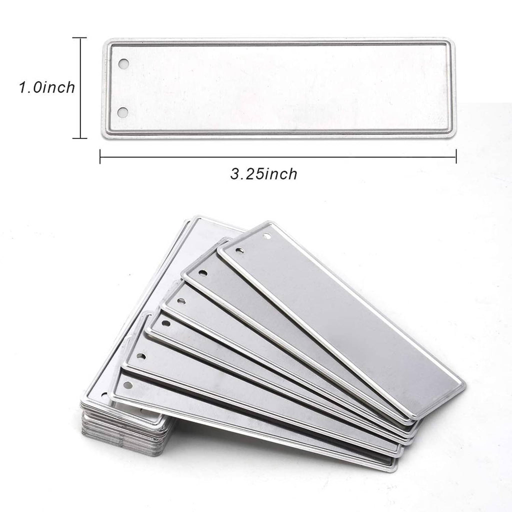 Blank aluminum plant tags, stacked rectangular metal plates with hanging holes and slits