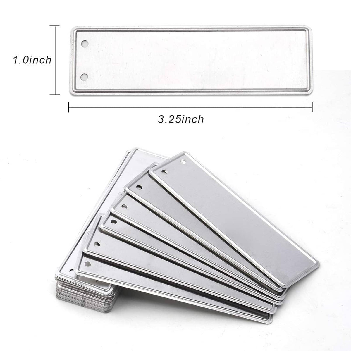 Blank aluminum plant tags, stacked rectangular metal plates with hanging holes and slits