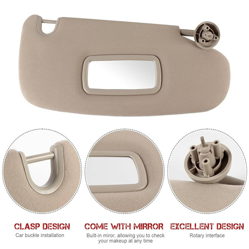 Beige sun visor with rectangular mirror window, pull rod, and side clamp