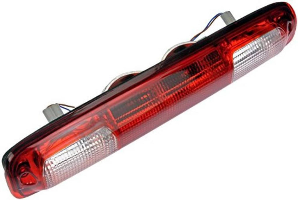 Center high mount stop light, red lens with two clear sections and side bulbs