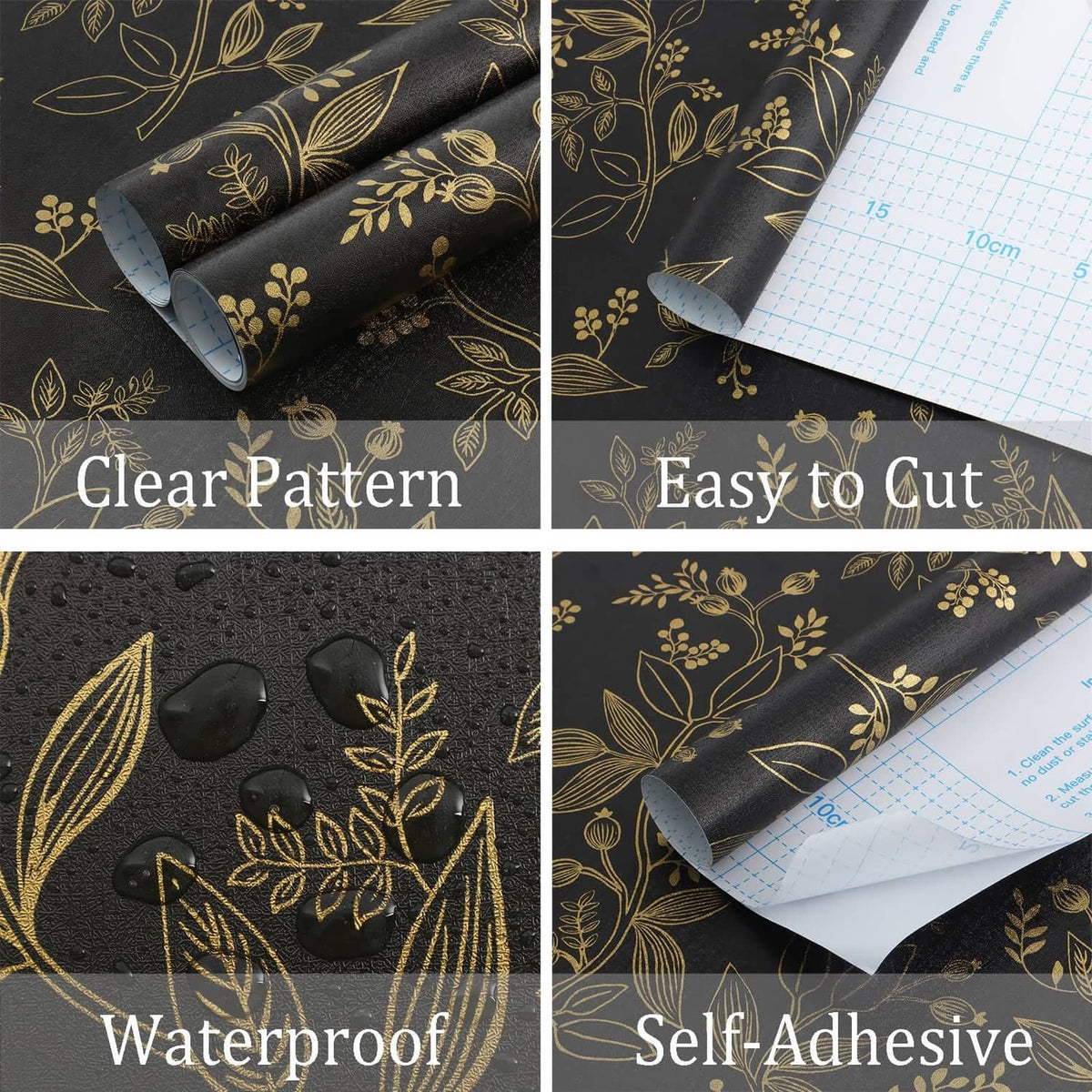 Black and gold botanical wallpaper sheet with clear pattern, easy-to-cut, self-adhesive