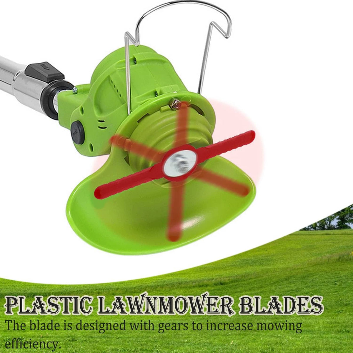 Green trimmer head with three red plastic blades and central mounting disc