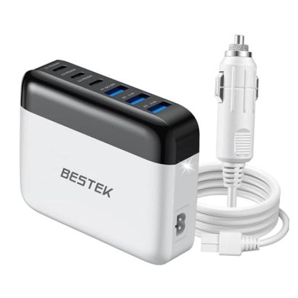 Compact multi-port car USB charger, white and black body, with attached charging cable
