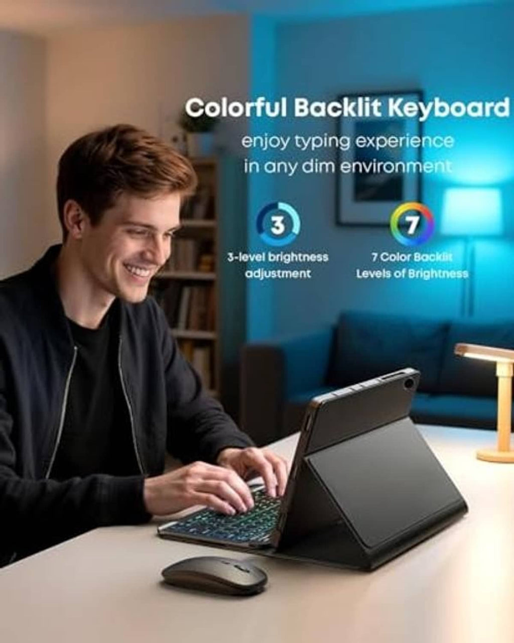 Black tablet keyboard case with RGB backlit keys and folding kickstand