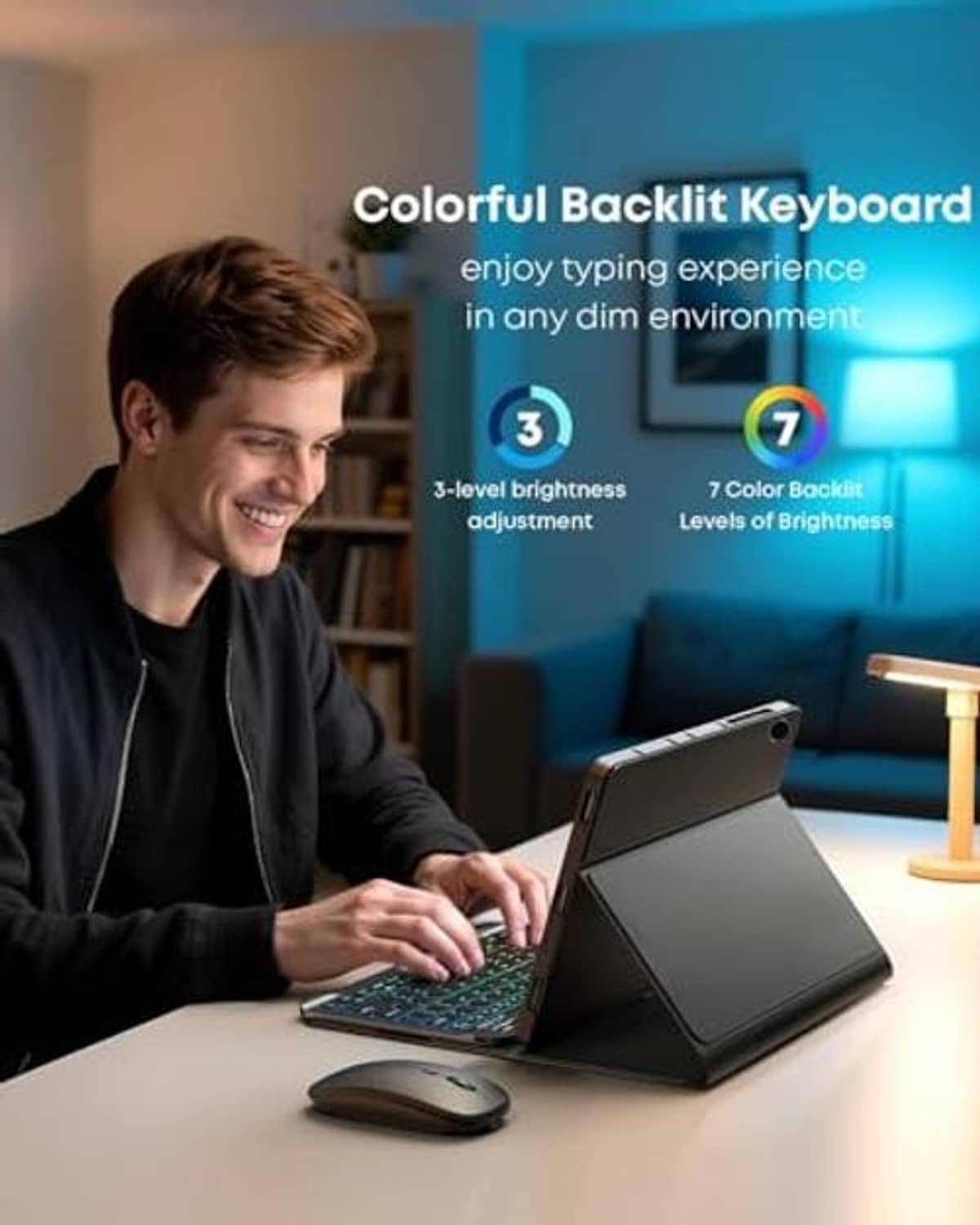 Black tablet keyboard case with RGB backlit keys and folding kickstand