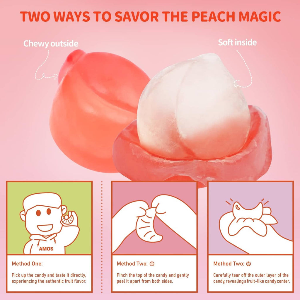 Peelerz gummy peach candy showing chewy outside and soft inside