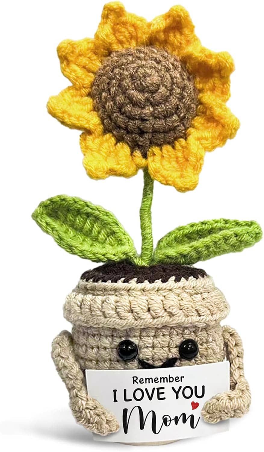 Handmade crochet flower gift with sunflower top, beige pot, and 'I LOVE YOU Mom' text