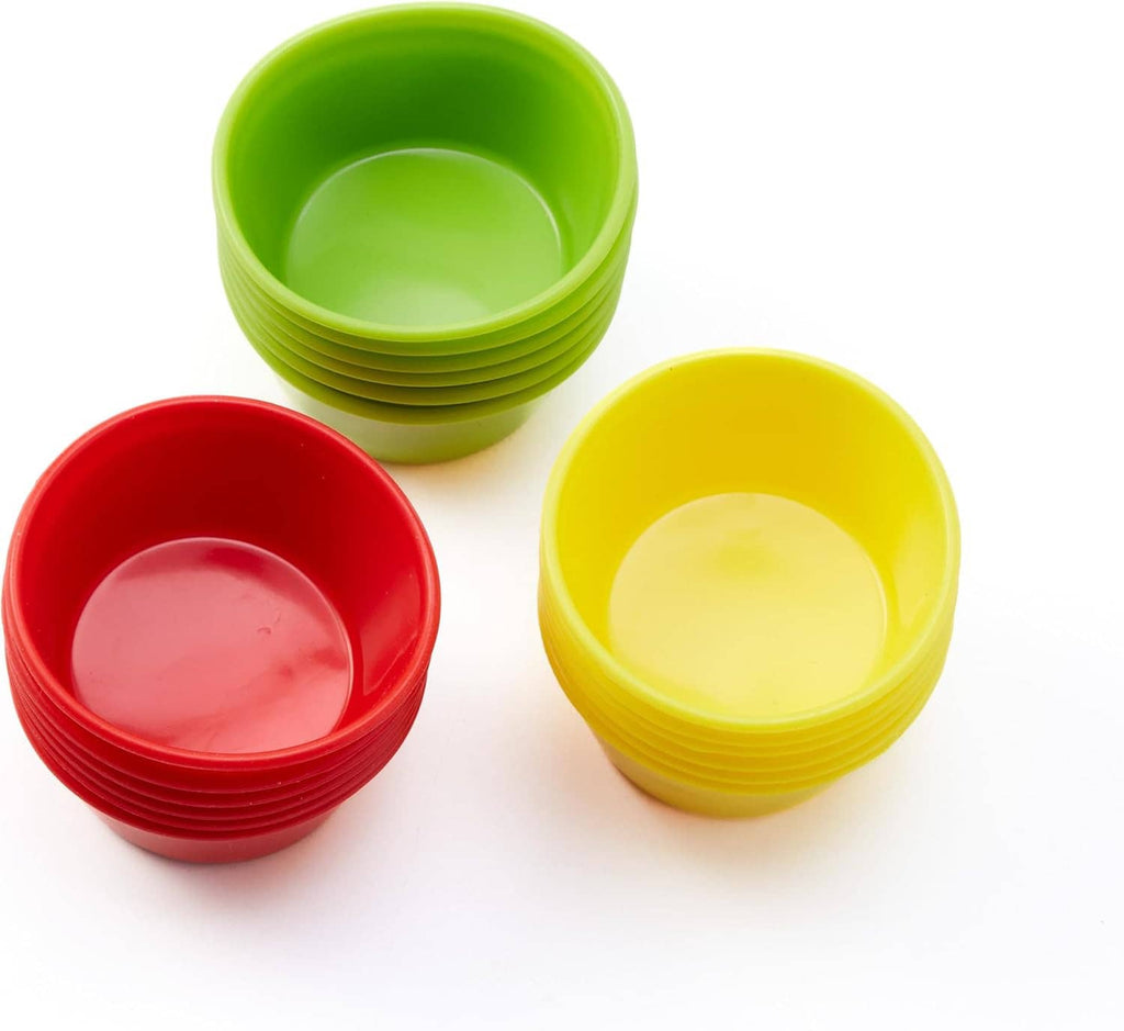 Silicone puto mold cups set with red, yellow, and green cups, interiors visible