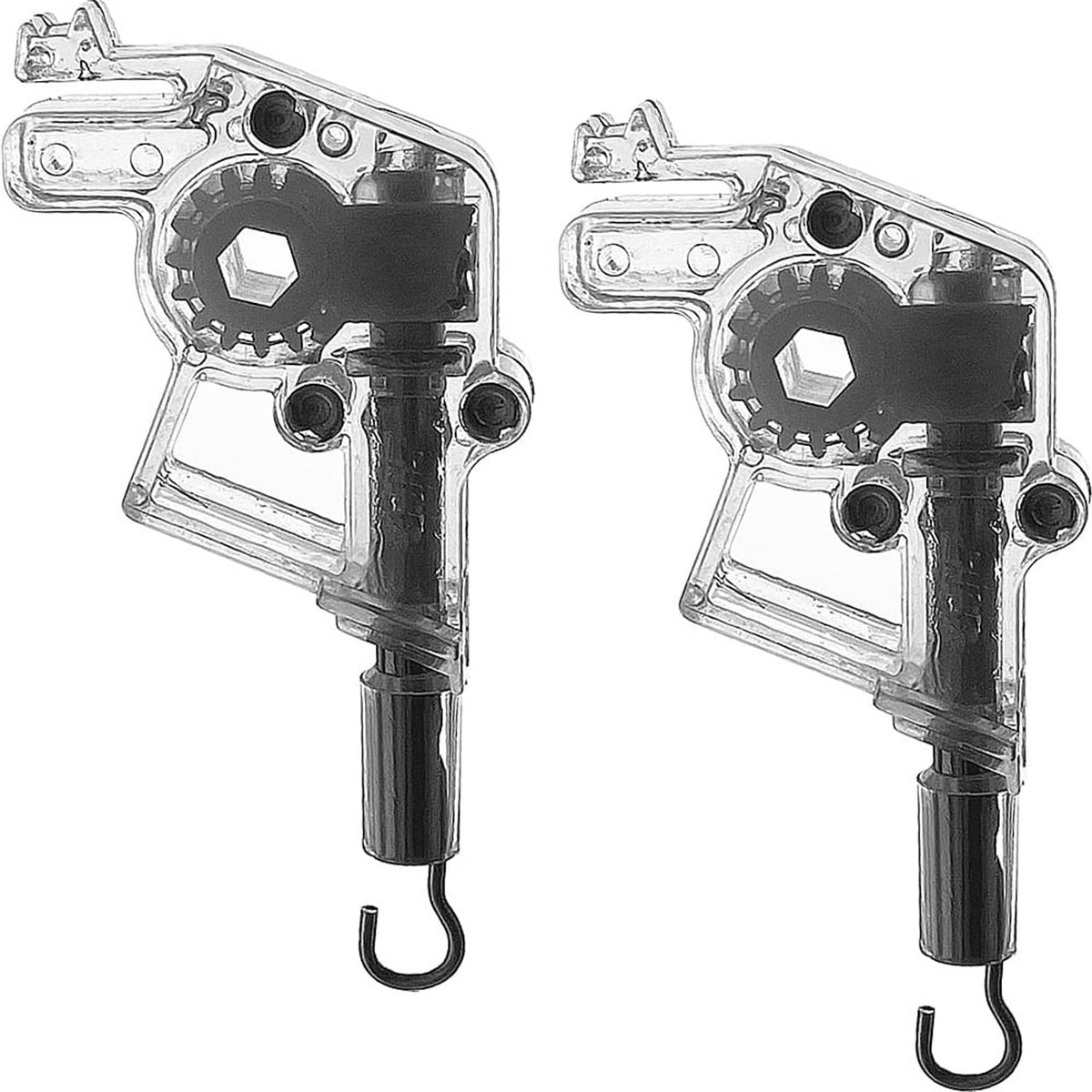 Pair of low-profile horizontal blind wand tilter mechanisms with metal brackets and black gear