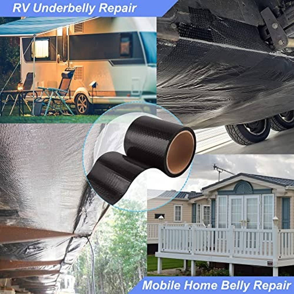 Black waterproof underbelly repair tape roll with flexible sheet for mobile home belly repairs