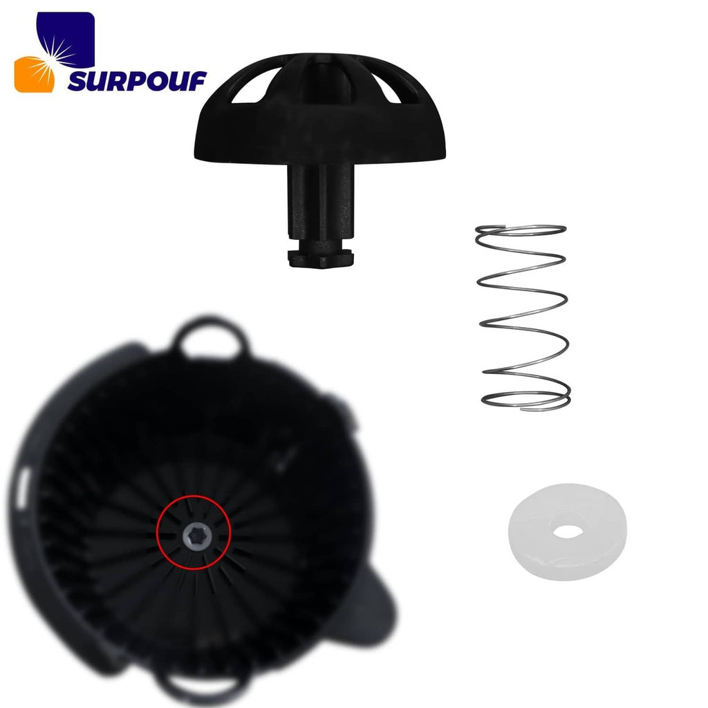 Black coffee brew basket stopper top with coiled spring and white sealing disc