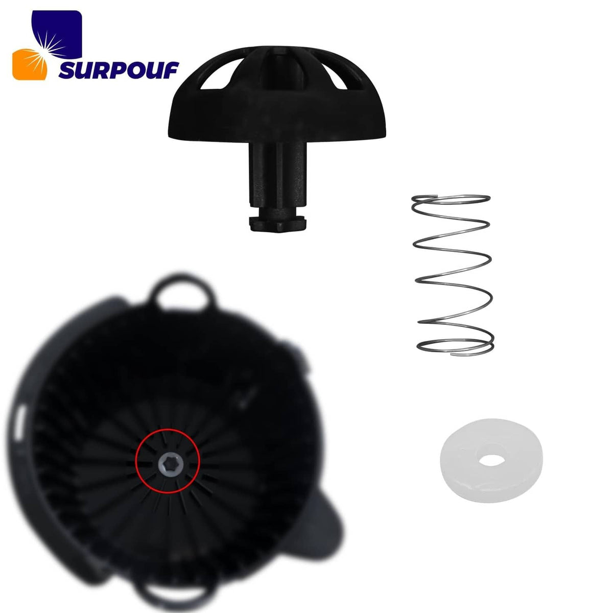 Black coffee brew basket stopper top with coiled spring and white sealing disc