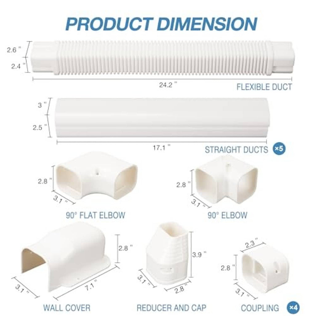 White mini split line set cover kit parts diagram with flexible duct, straight ducts, elbows