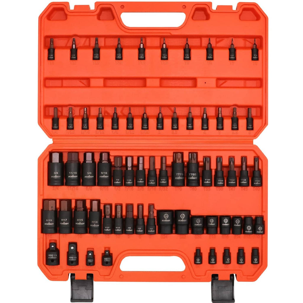66-piece Torx bit and external socket set in orange case, black sockets and bits