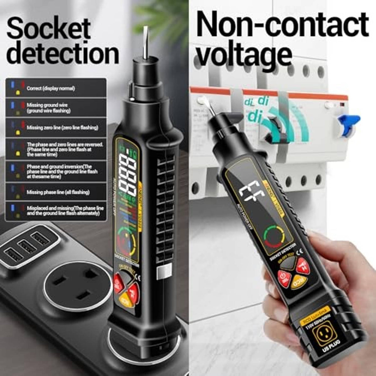 Black non-contact voltage tester being held near an electrical outlet receptacle