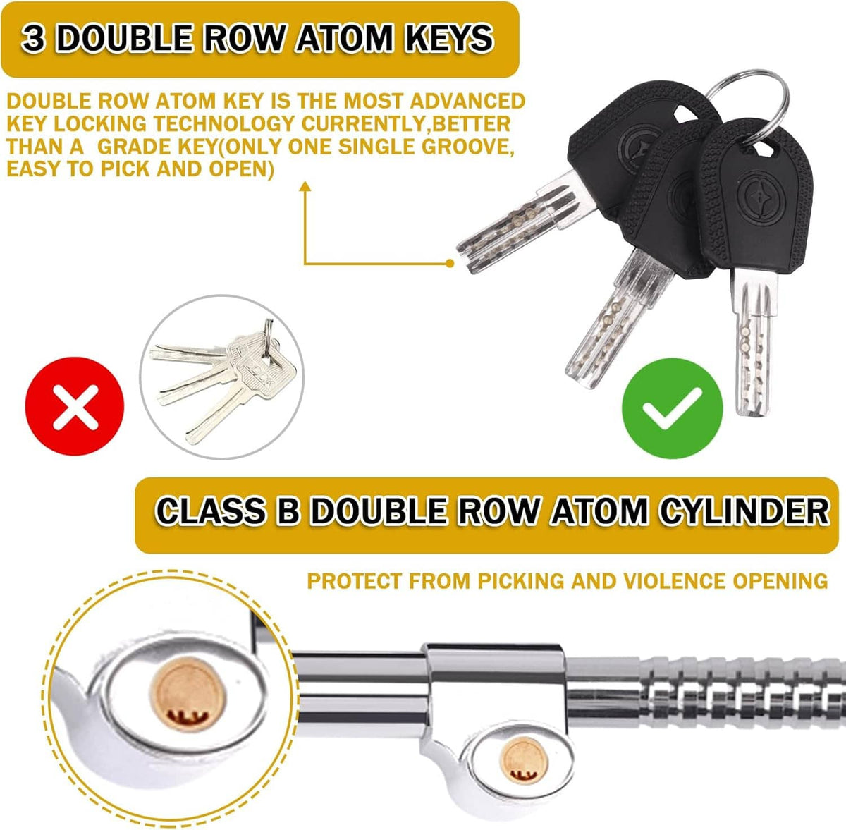Steering wheel brake lock with double-row atom key cylinder and two keys