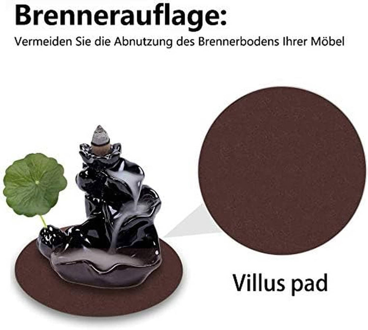 Glossy black ceramic incense holder on brown pad with cone and green lotus accessory