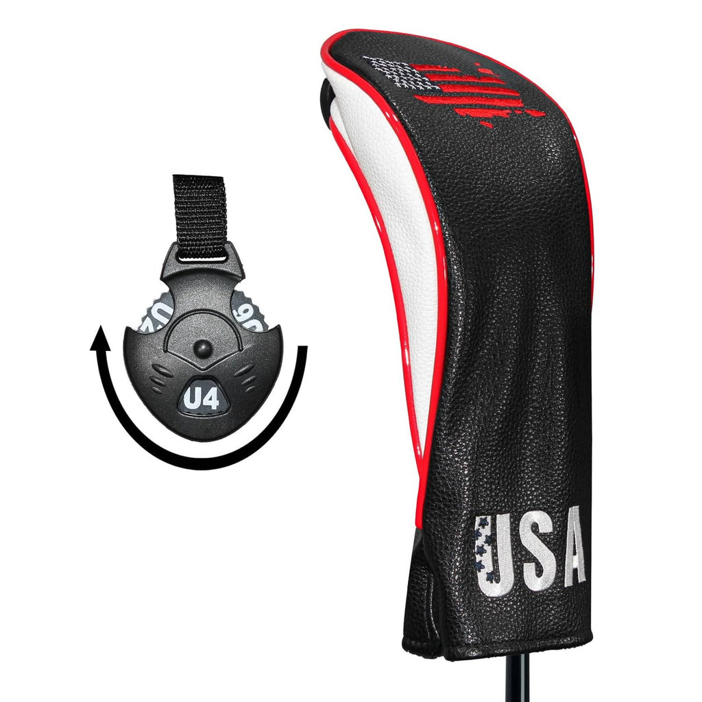 Black golf hybrid headcover with white and red trim, USA logo, U4 tag
