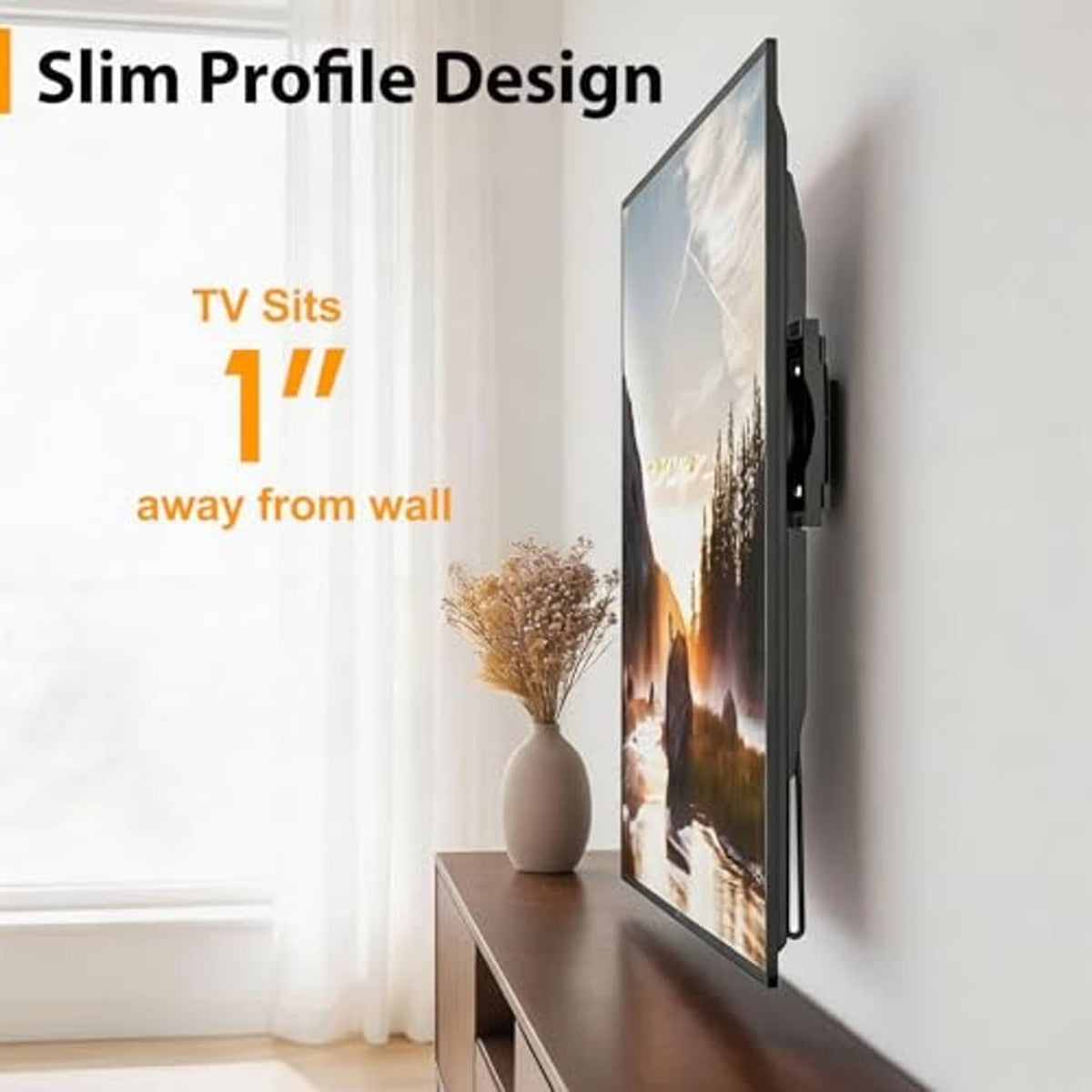 Slim black fixed TV wall mount bracket with short arms for low-profile wall clearance