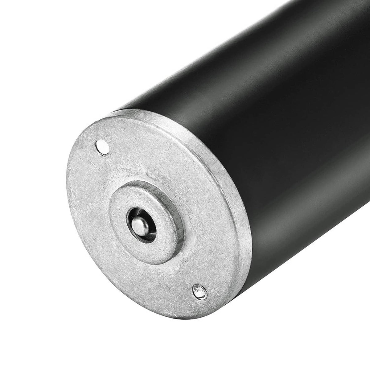 Cylindrical worm gear motor end with silver circular face and center mounting hole