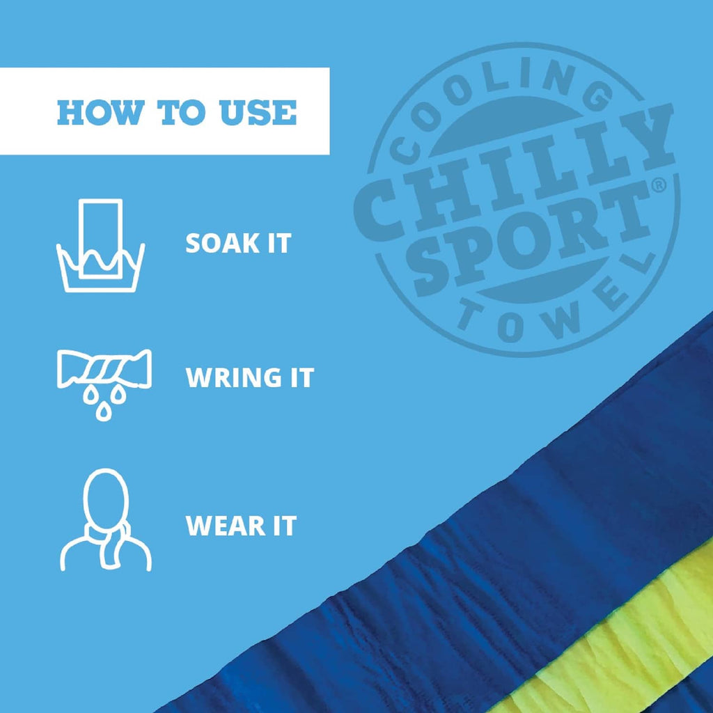 Blue cooling neck wrap with How to use soak, wring, wear graphic