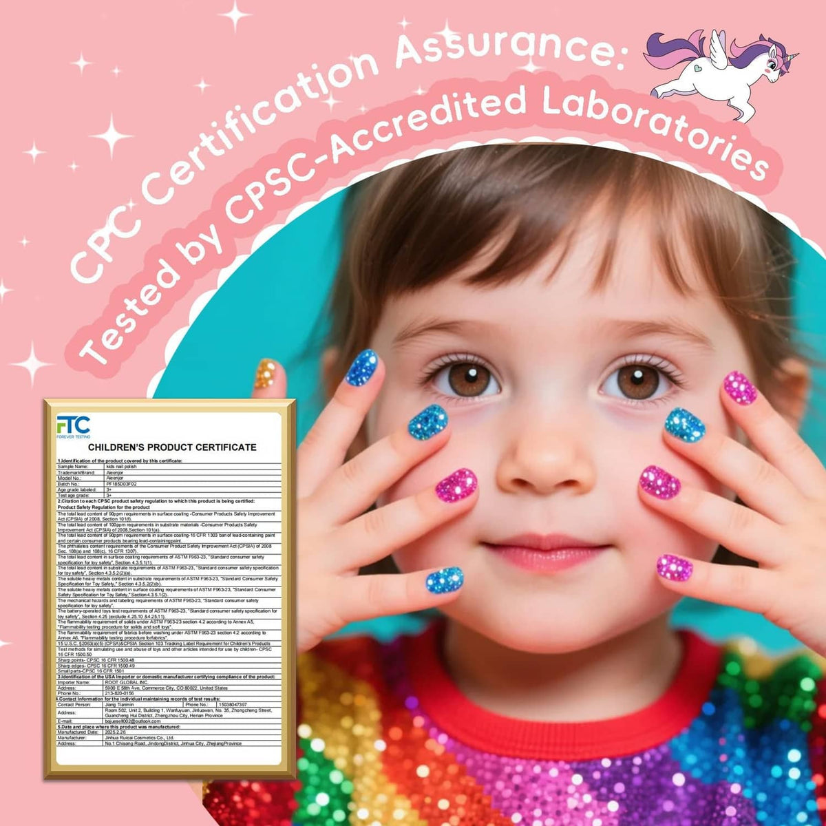 Child showing glitter nail polish colors with small bottle and safety certification card