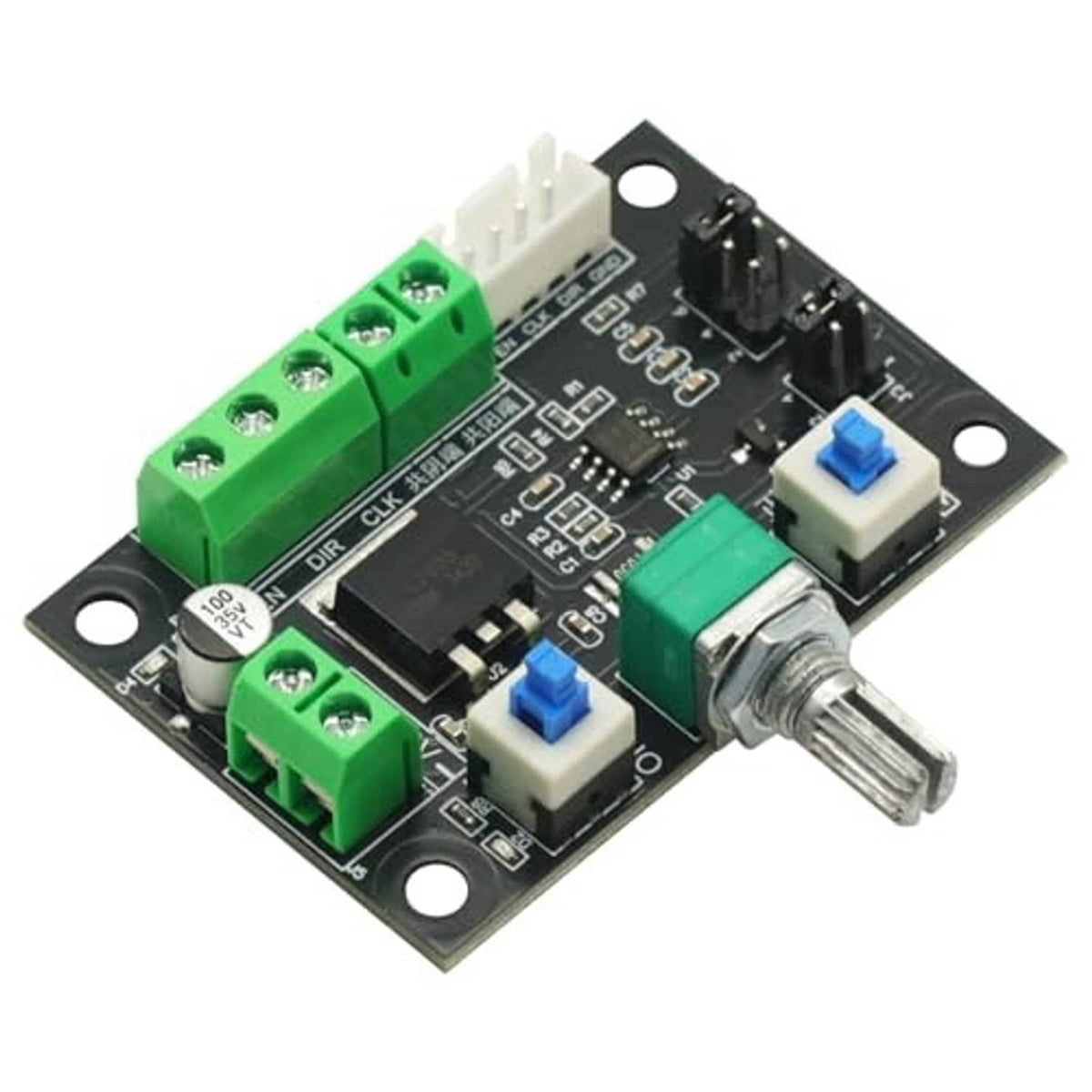 Stepper motor controller PCB angled view with green terminals, blue switch, and metal shaft knob