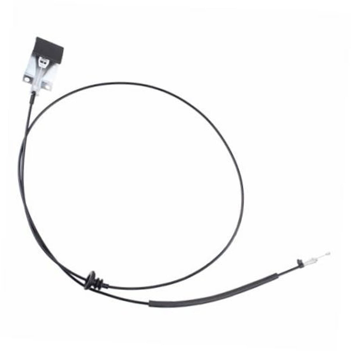 Hood release cable with black wire loop and metal bracket at one end