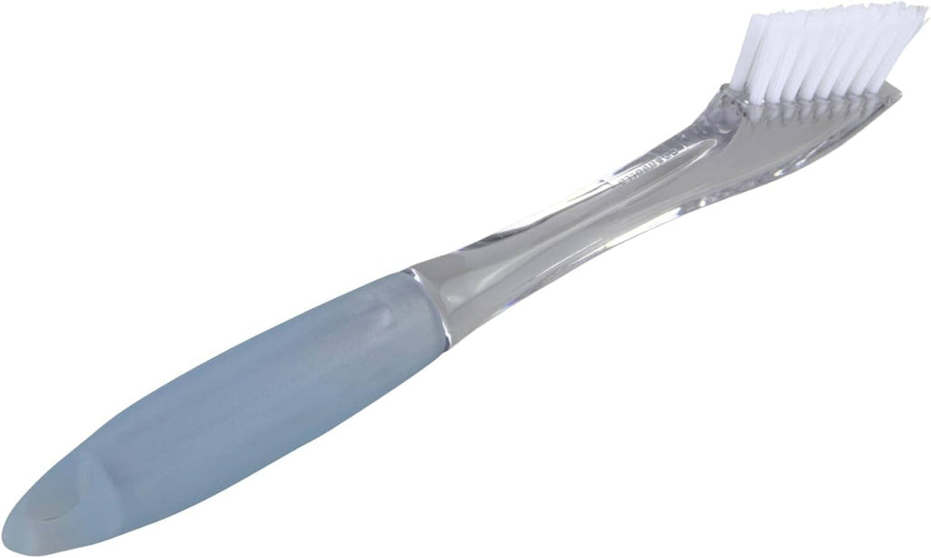 Aqua grout brush with white bristles on clear head, curved bristle side