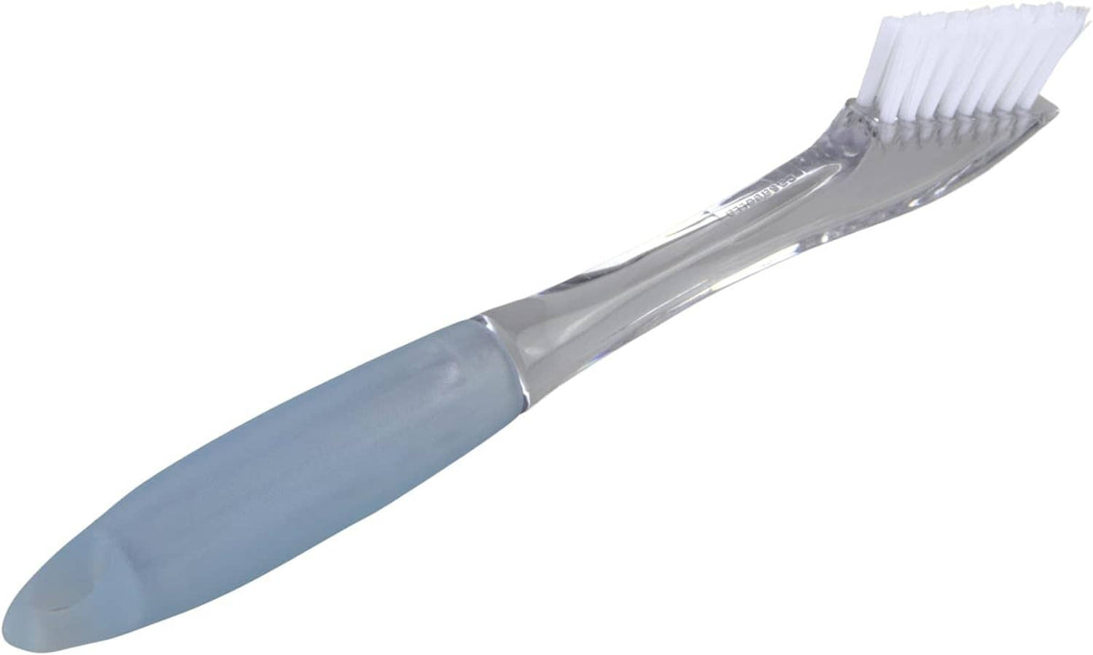 Aqua grout brush with white bristles on clear head, curved bristle side