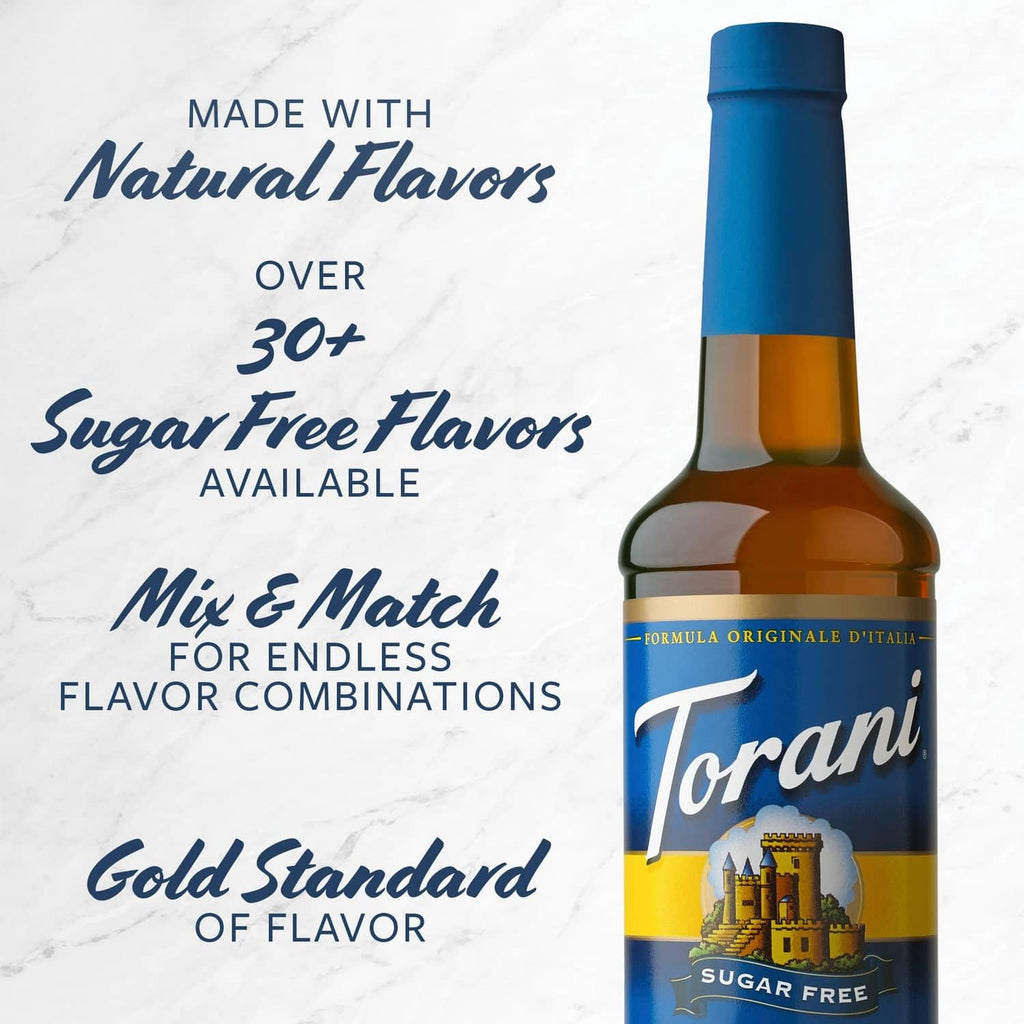 Sugar-free peach syrup bottle with blue cap on a light background