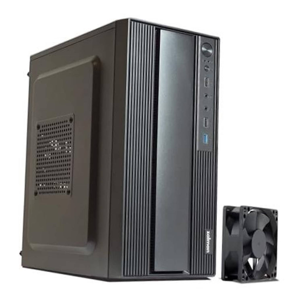 Micro ATX desktop PC case, matte black with vertical ribbed front and side vent