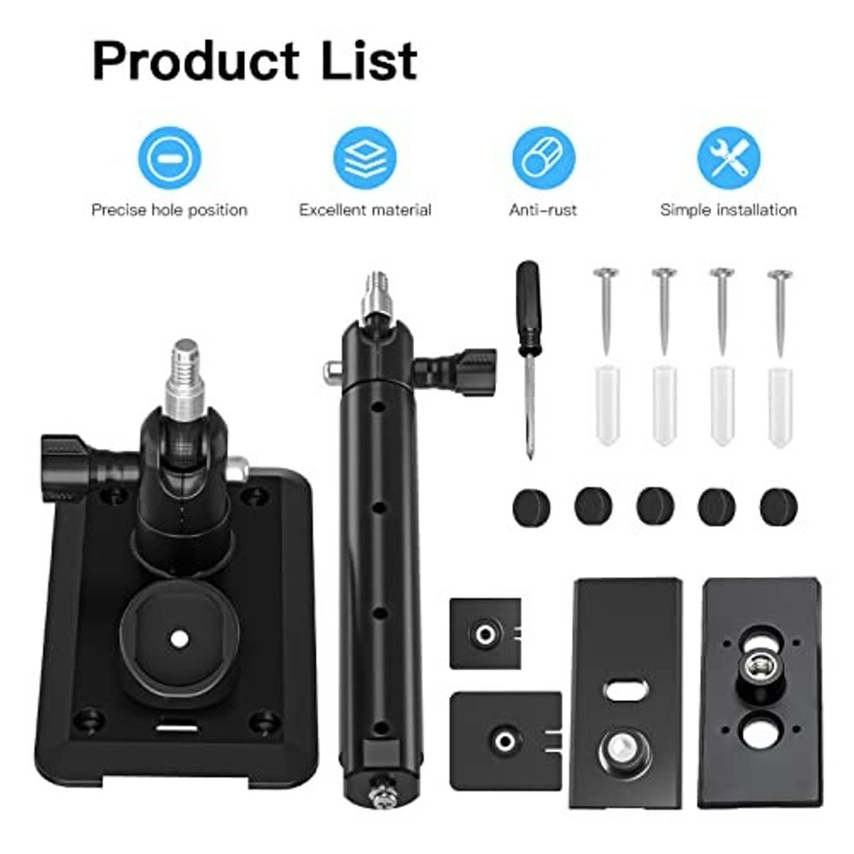 Black 2-in-1 wall mount bracket kit with mounting plate and extension pole, screws included
