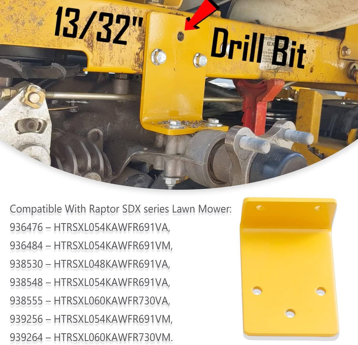 Yellow hydro transmission bracket installed on a riding lawn mower deck with mounting holes