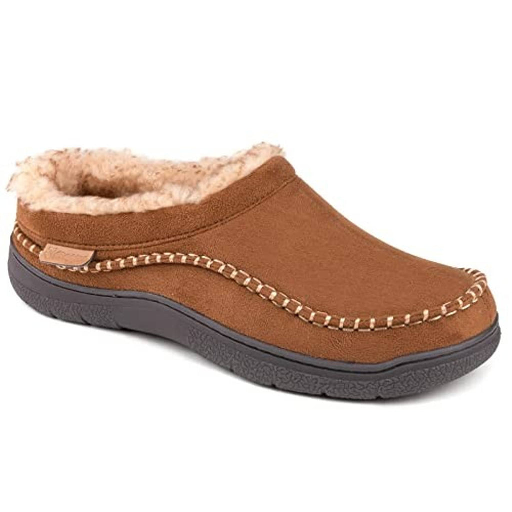 Tan suede slip-on moccasin slipper with fuzzy collar, stitched trim, and dark sole
