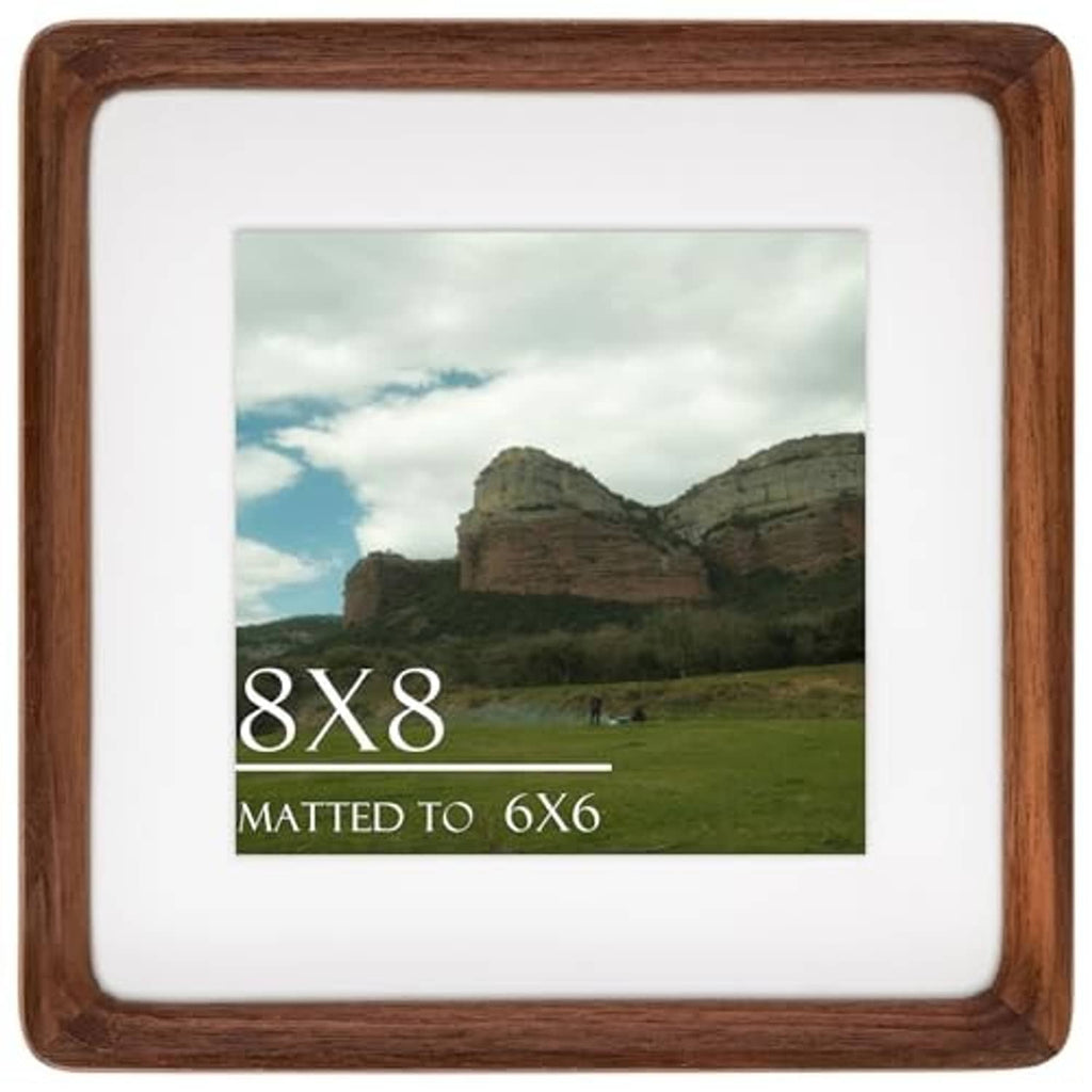 Walnut wood picture frame with white mat and 8x8 photo insert.