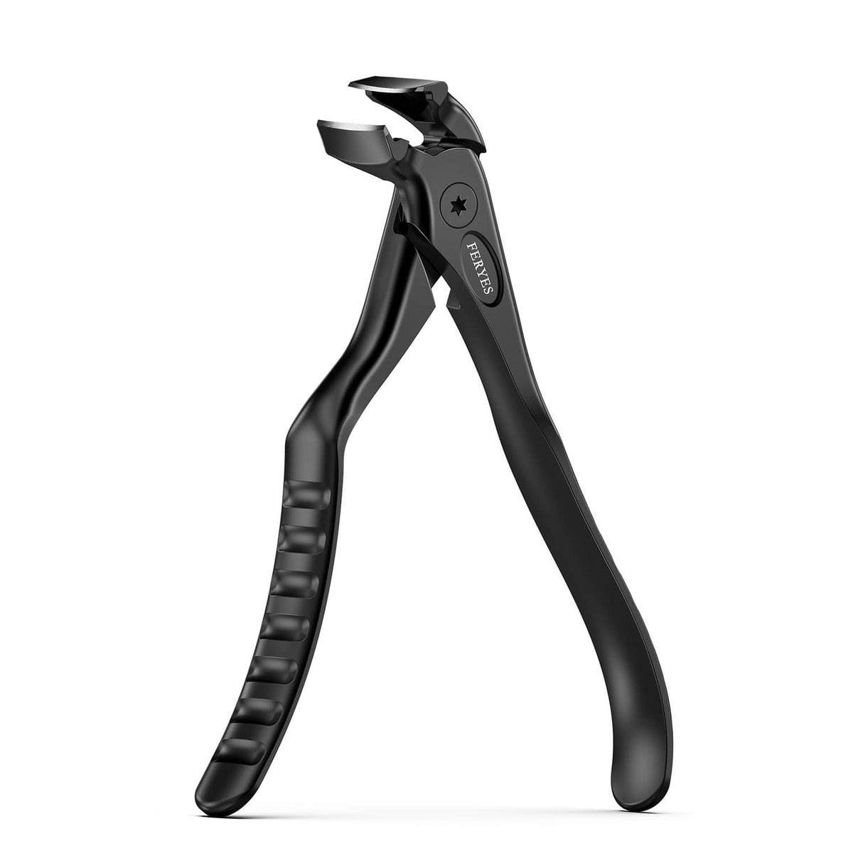 Black long-handled nail clippers with curved, angled cutting head