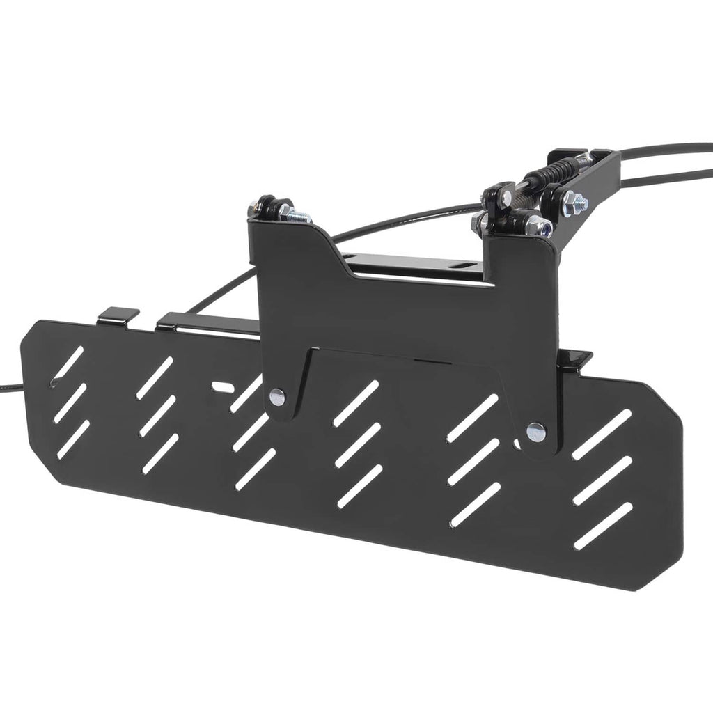 Black mower chute blocker deflector with raised mount and cable routing components