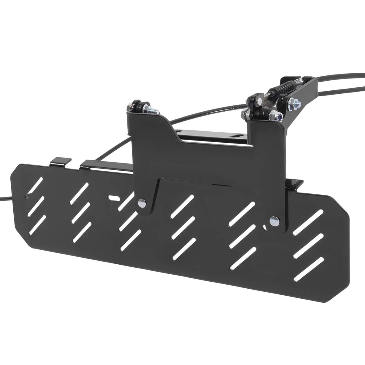 Black mower chute blocker deflector with raised mount and cable routing components