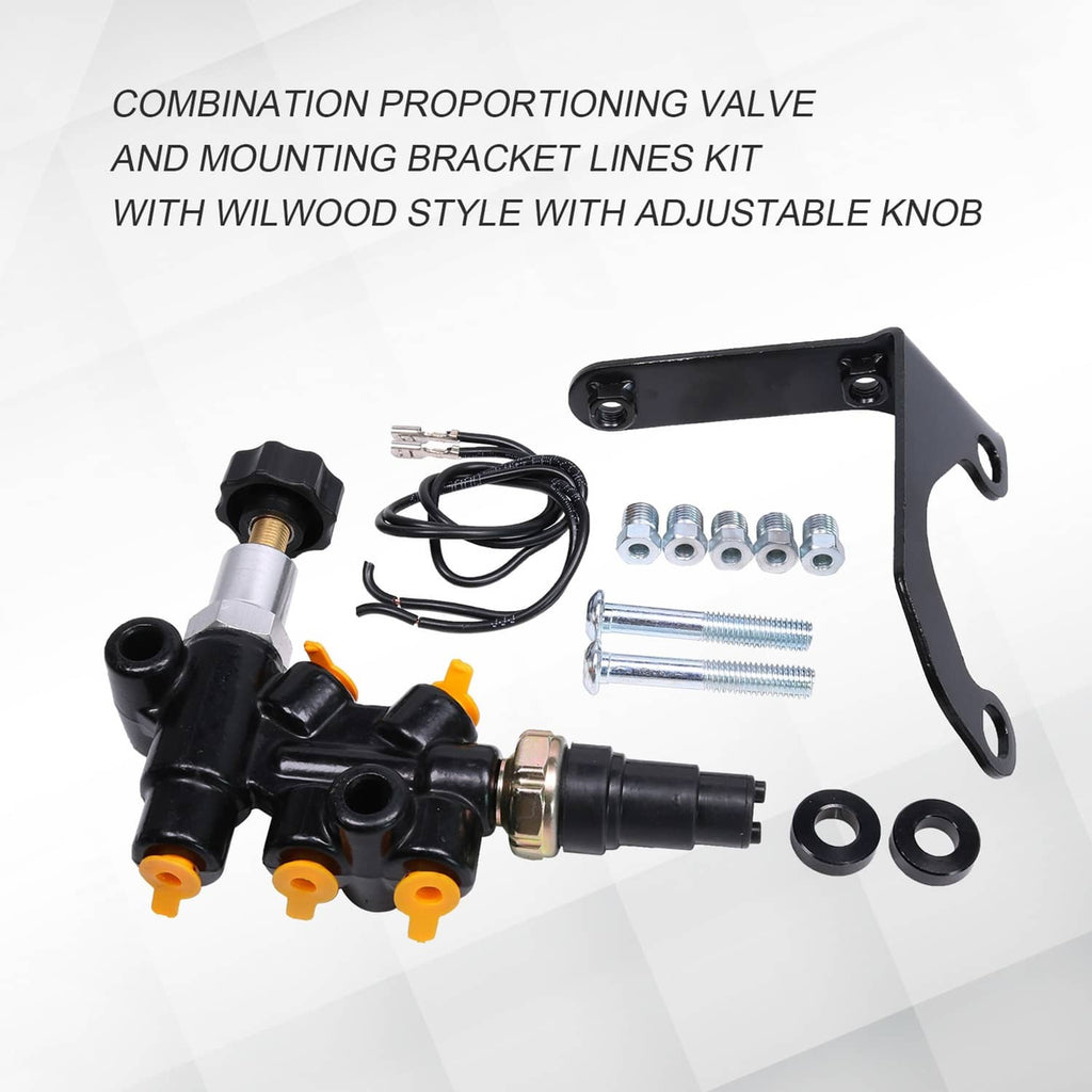 Combination proportioning valve and mounting bracket with adjustable knob and line kit