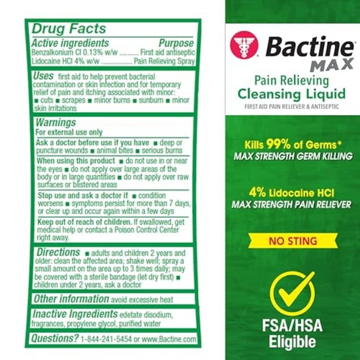 Bactine Max Drug Facts label for pain relieving cleansing liquid spray
