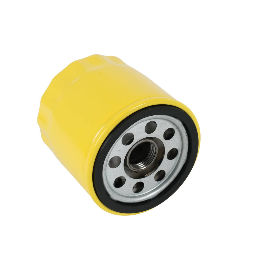 Yellow oil filter canister with metal perforated top plate and threaded outlet