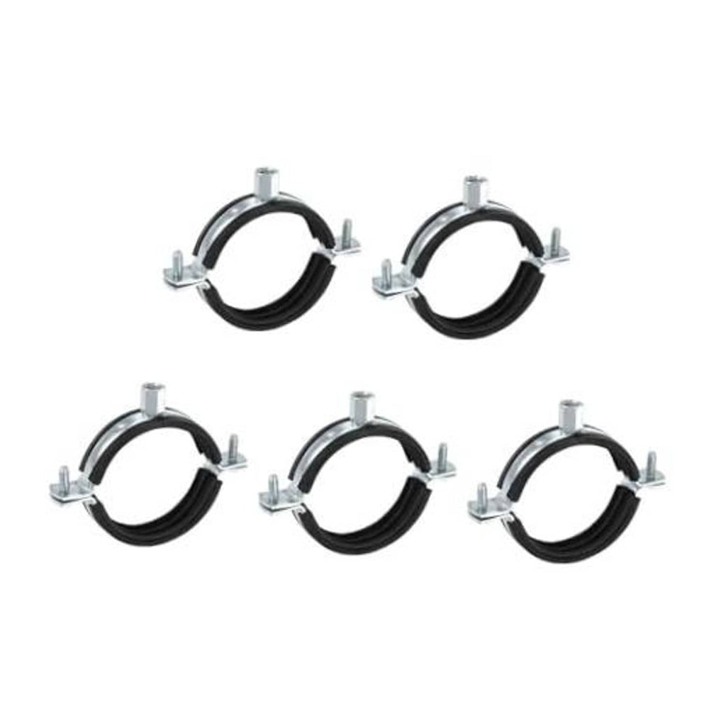 Five split ring pipe hangers with M-bolt hardware, black rubber lining, silver brackets
