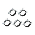 Five split ring pipe hangers with M-bolt hardware, black rubber lining, silver brackets