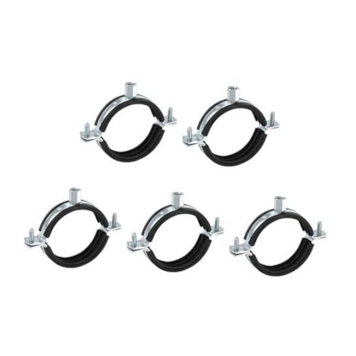 Five split ring pipe hangers with M-bolt hardware, black rubber lining, silver brackets