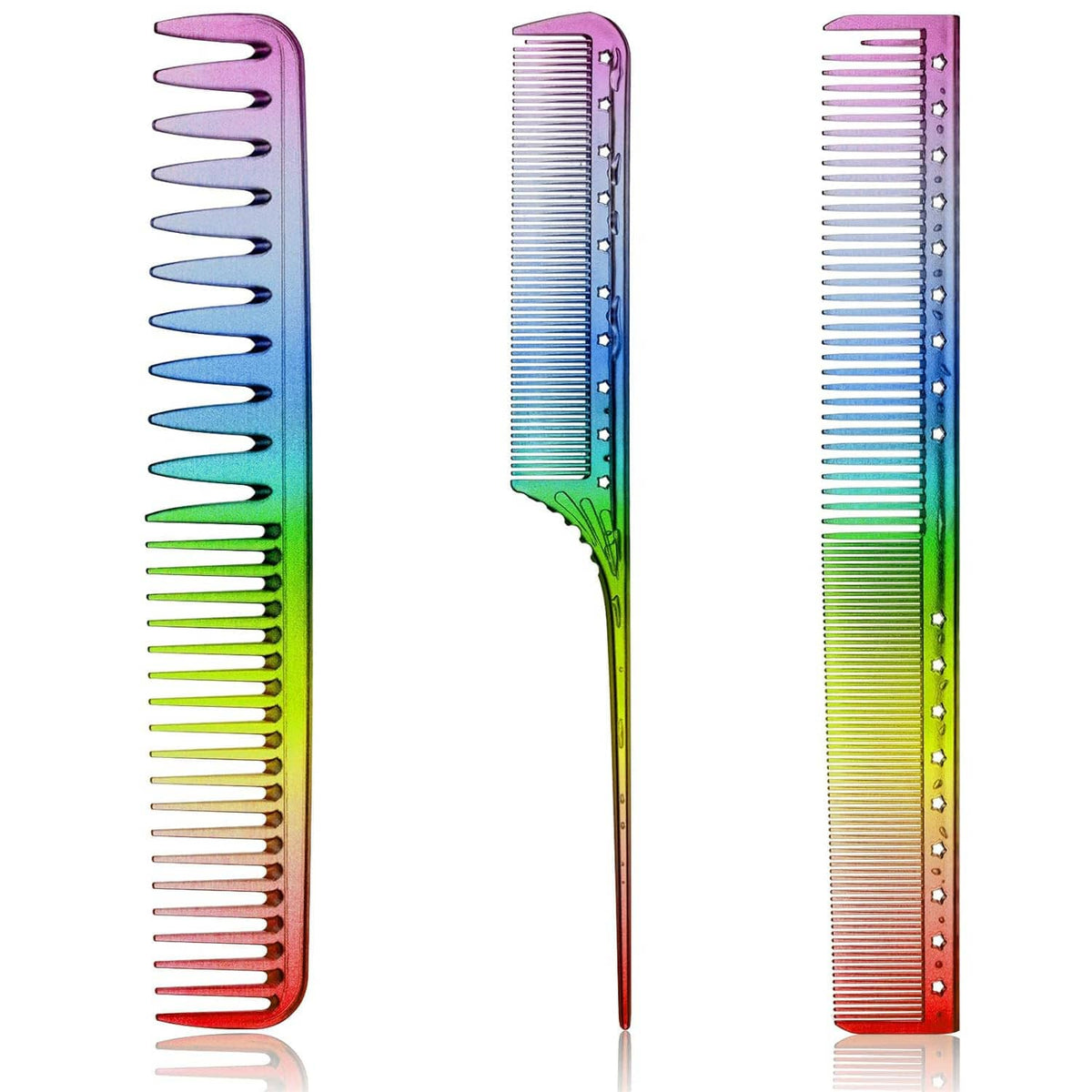 Three rainbow fine-tooth hair combs with pointed rat-tail end and teeth