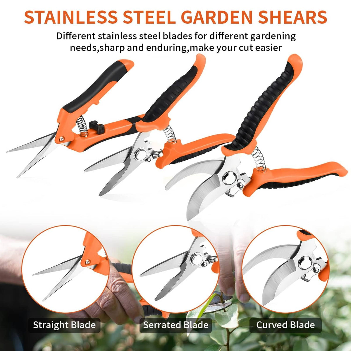 Set of 3 pruning shears with orange handles, stainless blades for straight, serrated, curved cuts