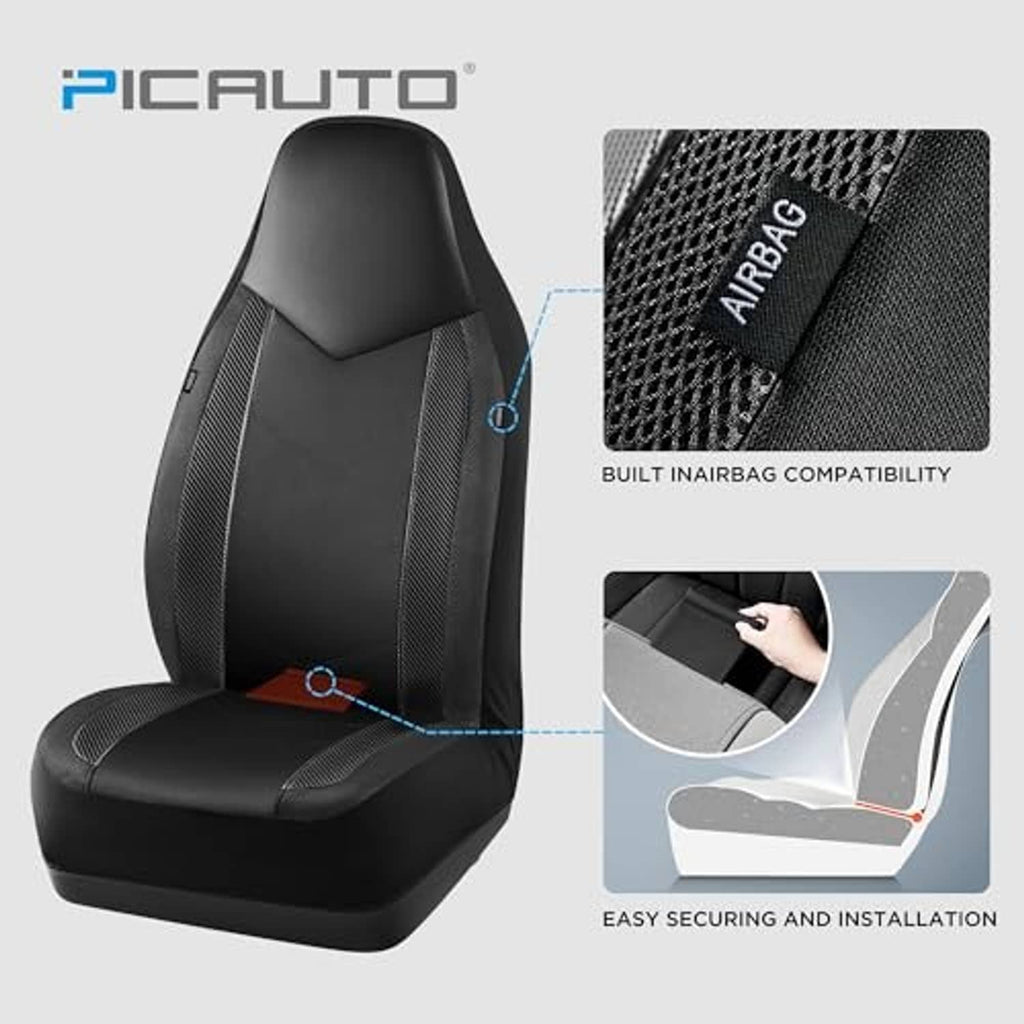 Black front seat cover with airbag-compatible cutout and secure stitching